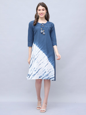 Wonder Weave Women A-line Blue, White Knee Length Dress