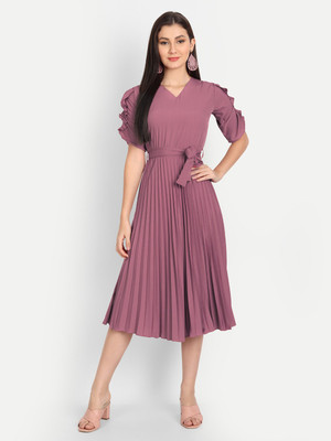 Deklook Women Pleated Pink Midi/Calf Length Dress
