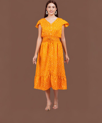 Oh Mi Dios Women Fit and Flare Yellow Midi/Calf Length Dress