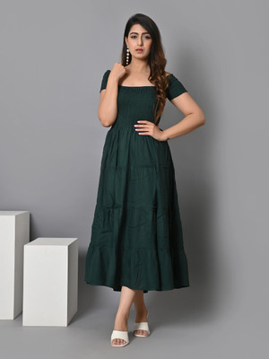 IQRAAR Women Fit and Flare Dark Green Midi/Calf Length Dress