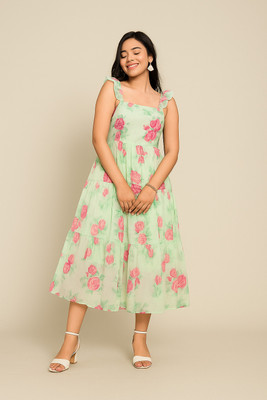 HEERAM STYLES Women Fit and Flare Green Above Knee/Mid Thigh Length Dress