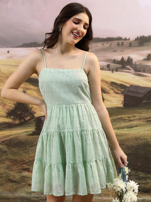 Tokyo Talkies Women Tiered Green Above Knee/Mid Thigh Length Dress