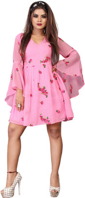LADY SHOPI Women Fit and Flare Pink Above Knee/Mid Thigh Length Dress