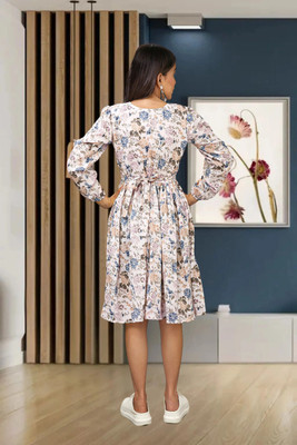 HOC's Women Fit and Flare White Knee Length Dress