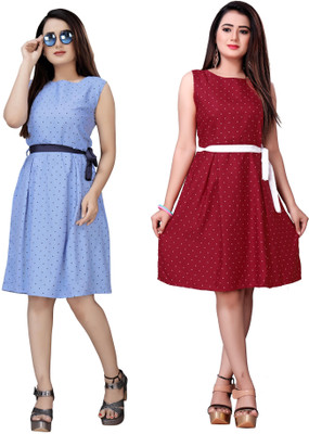 maruti fab Women Fit and Flare Red, Blue Knee Length Dress