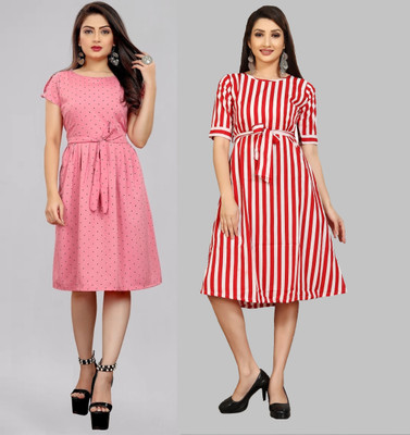 tanvi creation Women Fit and Flare Pink Below Knee Dress