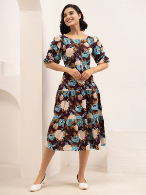 AASK Women Fit and Flare Multicolor Midi/Calf Length Dress
