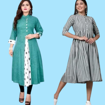 Texpamz Women Striped A-line Kurta(Green, Grey)
