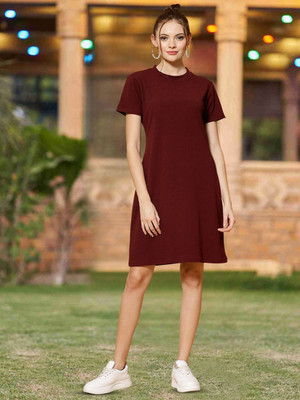 Moda Rapido Women A-line Maroon Above Knee/Mid Thigh Length Dress