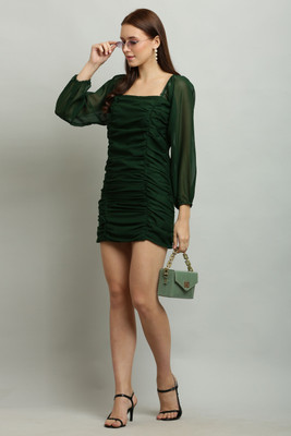 Shyammc Women Bodycon Dark Green Above Knee/Mid Thigh Length Dress