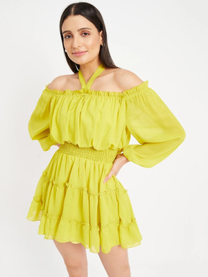 DRAPE AND DAZZLE Women Fit and Flare Yellow Above Knee/Mid Thigh Length Dress