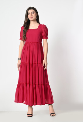 ALL WAYS YOU Women Gathered Red Maxi/Full Length Dress