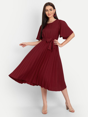 Deklook Women Pleated Maroon Midi/Calf Length Dress