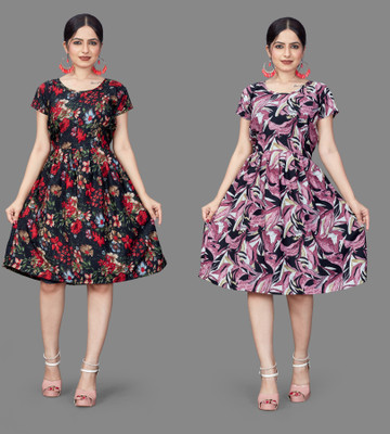 varudifeb Women Fit and Flare Multicolor Knee Length Dress