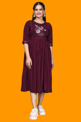 zuqofashion Women Fit and Flare Maroon Midi/Calf Length Dress