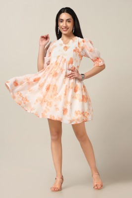 Fashion Dream Women Fit and Flare Orange, White Dress