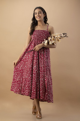 RANDHAWA Women Fit and Flare Maroon Maxi/Full Length Dress