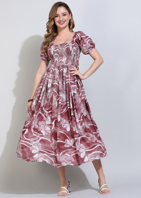 DEHITAFASHION Women Fit and Flare White, Maroon Midi/Calf Length Dress