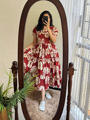 Burundi Blu Women Fit and Flare Maroon Below Knee Dress