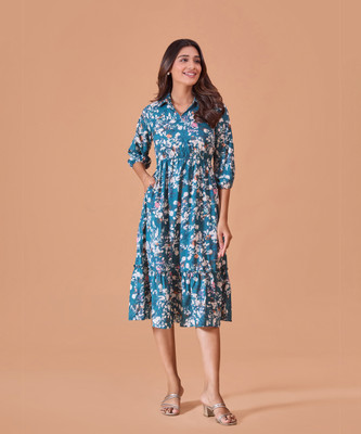FashFun Women Fit and Flare Blue Midi/Calf Length Dress