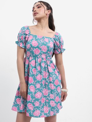 Vishudh Women Skater Blue, Pink, White Dress