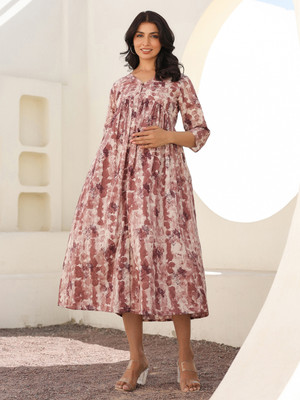 Janasya Women A-line Pink Midi/Calf Length Dress