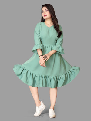 Madhave Women Fit and Flare Light Green Knee Length Dress