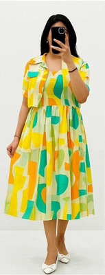 Srfashionglobel Women Fit and Flare Yellow Midi/Calf Length Dress