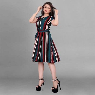 Rinra Women Fit and Flare Multicolor Knee Length Dress