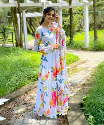 KAYRA CREATION Women Fit and Flare White Maxi/Full Length Dress