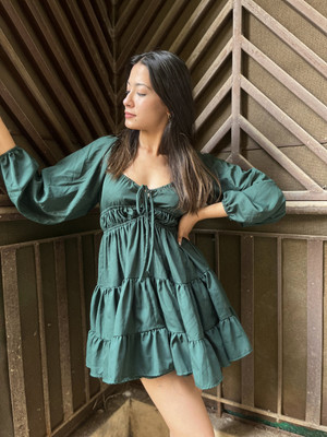 TANDUL Women Fit and Flare Dark Green Above Knee/Mid Thigh Length Dress