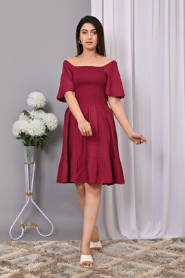 IQRAAR Women Fit and Flare Maroon Above Knee/Mid Thigh Length Dress