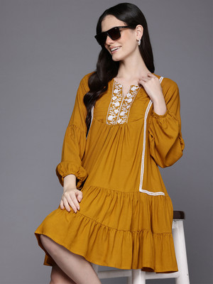 IRONIC CREATION Women A-line Yellow Above Knee/Mid Thigh Length Dress