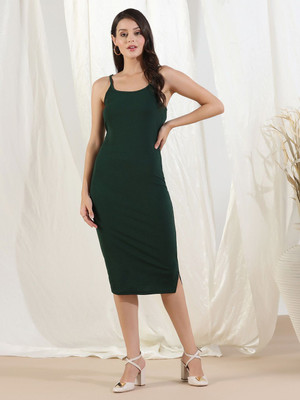 Dwarros Women Bodycon Green Below Knee Dress