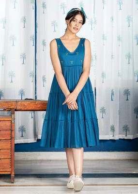Alluring Women A-line Blue Midi/Calf Length Dress