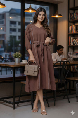 RAISHREE Women Fit and Flare Brown Knee Length Dress