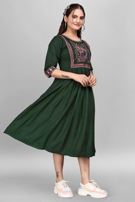 ShopGlobal Women Fit and Flare Green Below Knee Dress