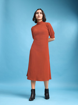 PURVAJA Women A-line Brown Below Knee Dress