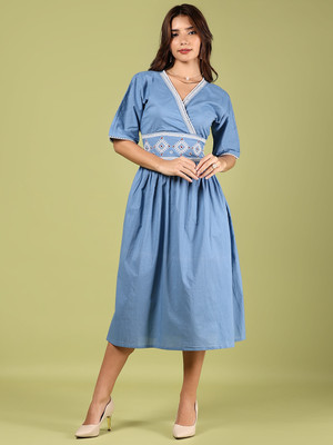 V-MART Women A-line Blue Below Knee Dress
