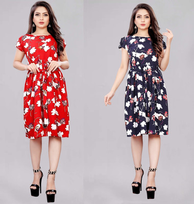 tanvi creation Women Fit and Flare Red, Black Below Knee Dress