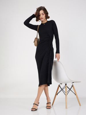 SASSAFRAS Women Bodycon Black Midi/Calf Length Dress