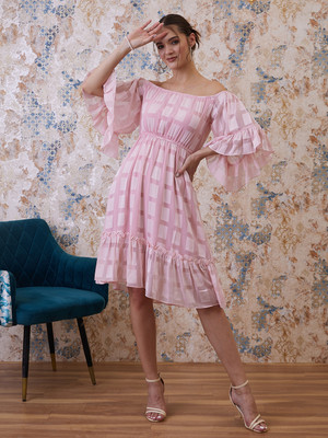 Mayffei Women Fit and Flare Pink Above Knee/Mid Thigh Length Dress
