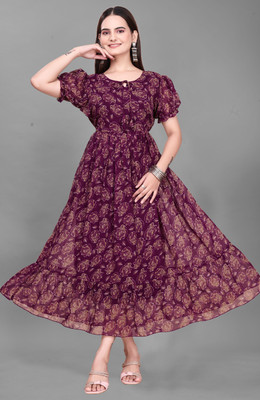 Parth Creation Women Fit and Flare Purple Maxi/Full Length Dress