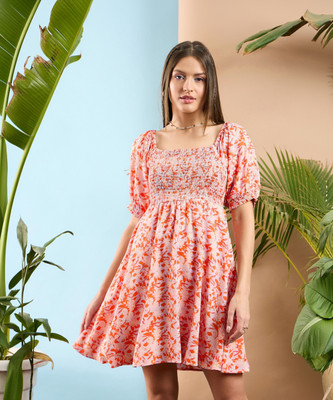 SASSAFRAS Women Fit and Flare Orange Above Knee/Mid Thigh Length Dress