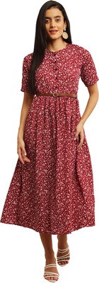 Mamnoon Women Fit and Flare Maroon Midi/Calf Length Dress