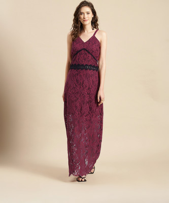 WoowZerZ Women Fit and Flare Maroon, Black Maxi/Full Length Dress