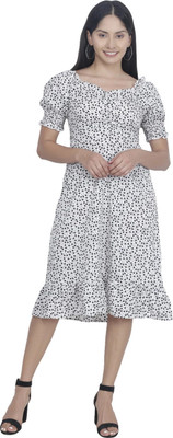HIZA Women A-line White, Black Midi/Calf Length Dress