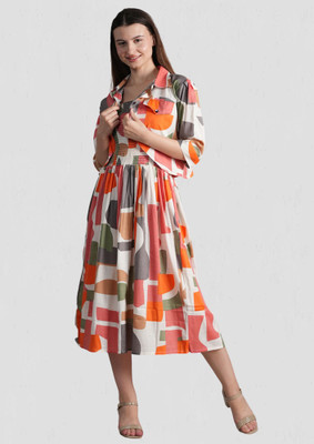 METRONAUT Women Fit and Flare Orange Below Knee Dress