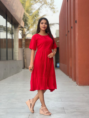 Varni Creation Women A-line Red Midi/Calf Length Dress