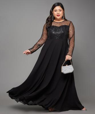 Miss Chase Women Fit and Flare Black Maxi/Full Length Dress